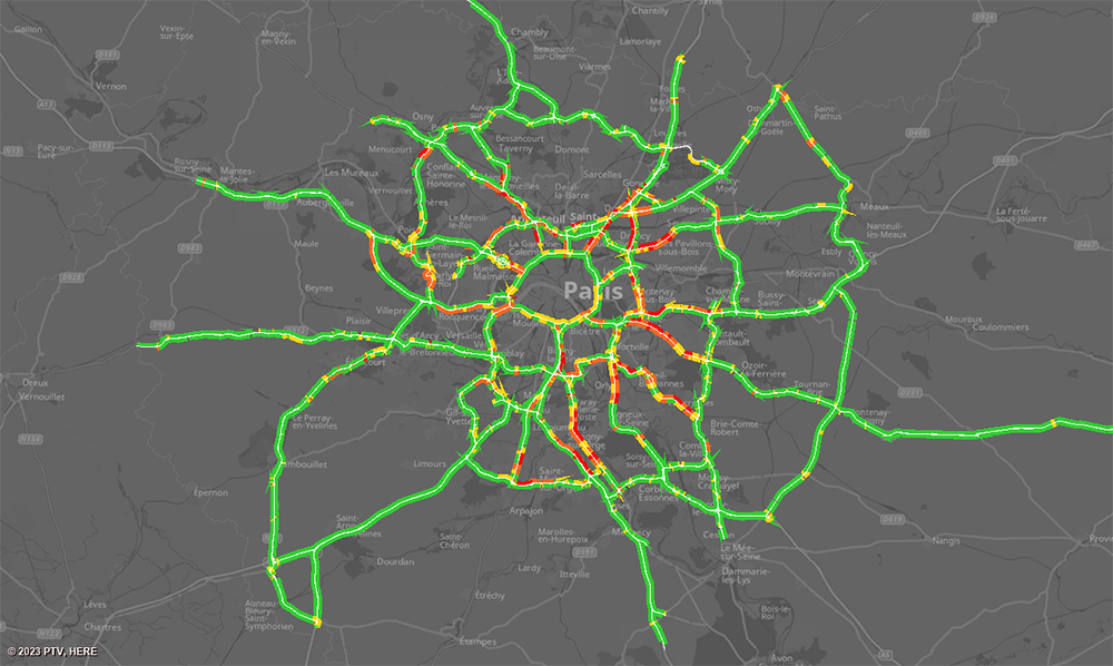 Real-time speeds: floating car data is used by PTV’s real-time software to generate highly accurate real-time information that seamlessly integrates with DiRIF's traffic platform, Sytadin (image courtesy PTV Group)